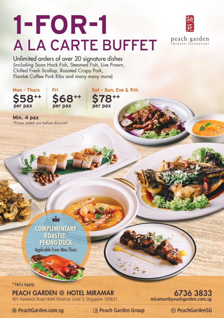 1FOR1 A LA CARTE BUFFET AT PEACH GARDEN WITH PEKING DUCK, SCALLOPS & MORE FROM 29 PER PERSON