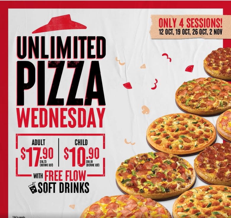 PIZZA HUT'S UNLIMITED PIZZA AND SOFT DRINK BUFFET FOR JUST $/PAX! –  Shout